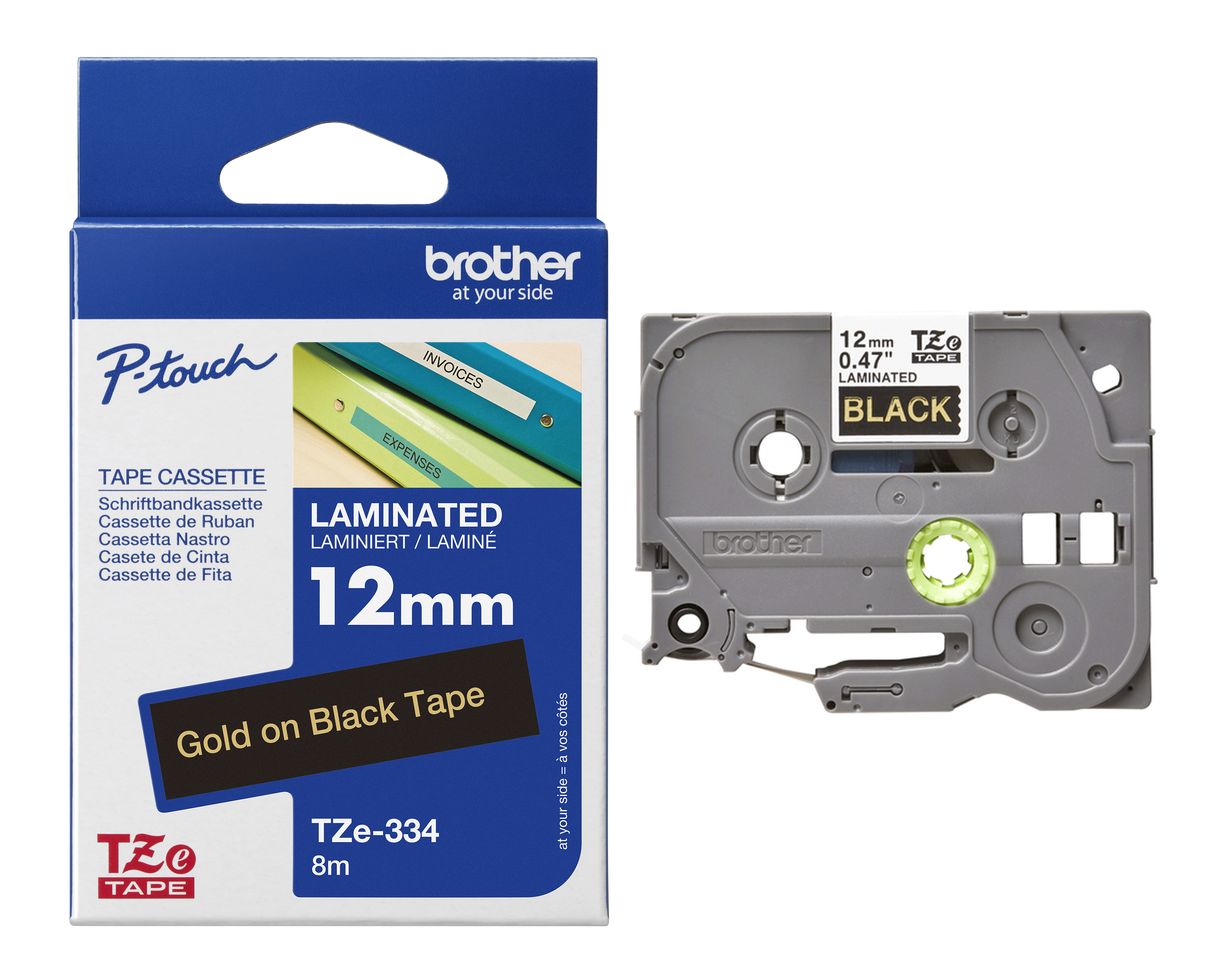 Brother TZe-334 Gold On Black Laminated P-Touch Adhesive Labelling Tape 12mm x 8m