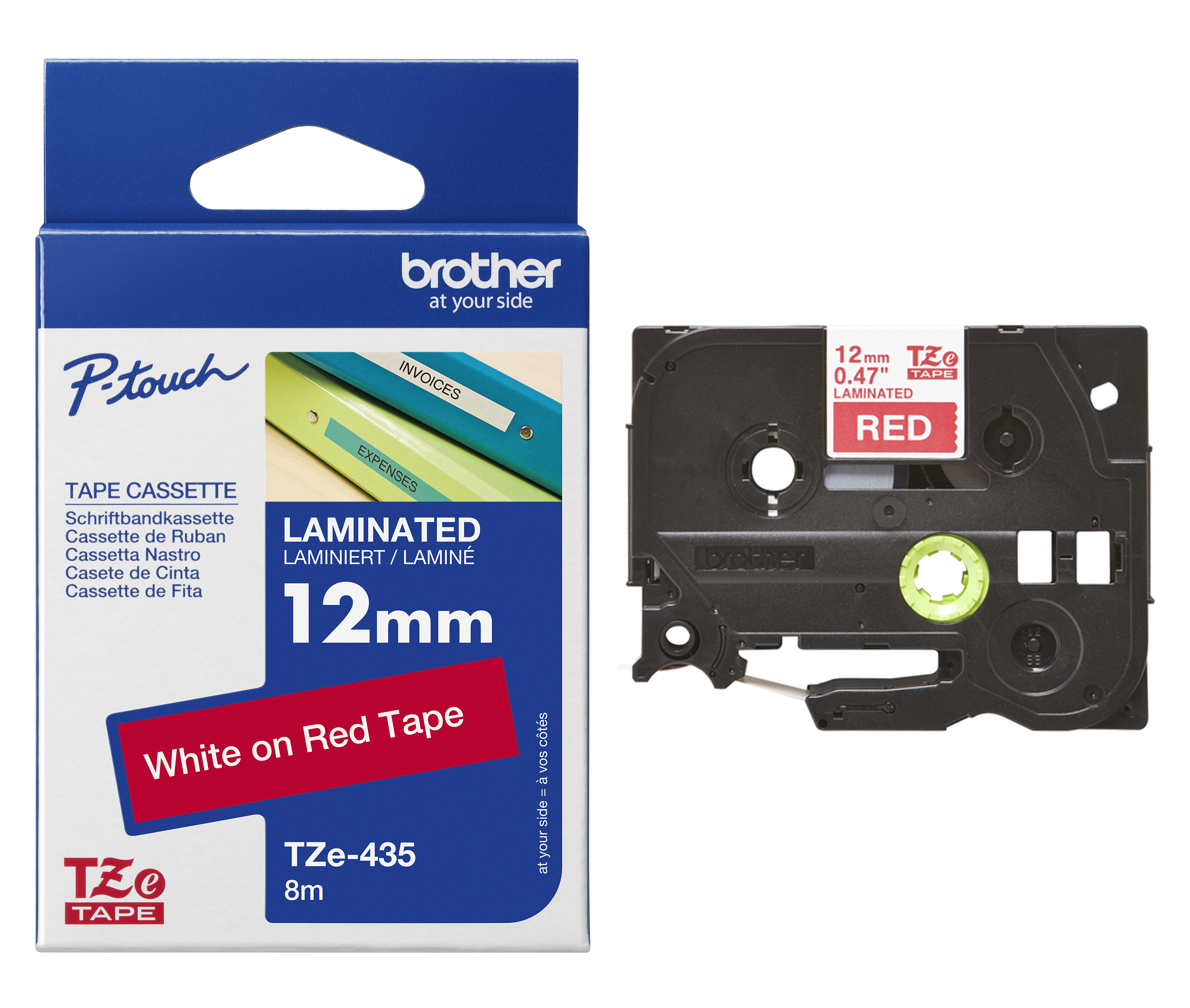 Brother TZe-435 White On Red Laminated P-Touch Adhesive Labelling Tape 12mm x 8m