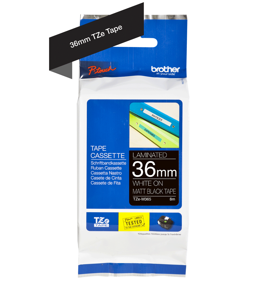 Brother TZe-M365 White On Black Self-Adhesive Matte Laminated Labelling Tape Cassette 36mm x 8m