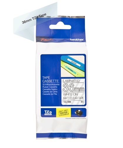 Brother TZe-M65 White On Clear Self-Adhesive Matte Laminated Labelling Tape Cassette 36mm x 8m