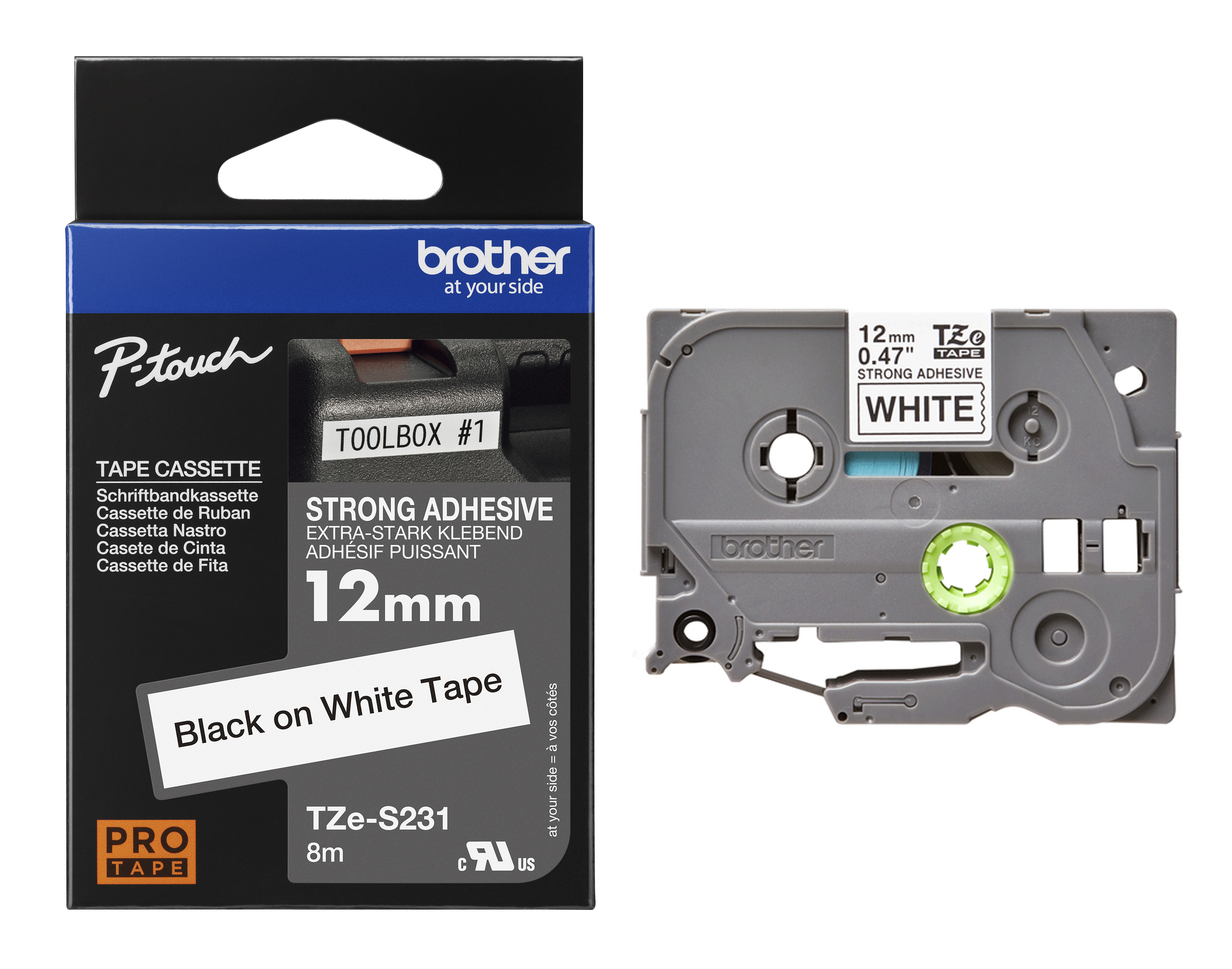 Brother TZe-S231 Black On White Strong Adhesive Laminated P-Touch Labelling Tape 12mm x 8m